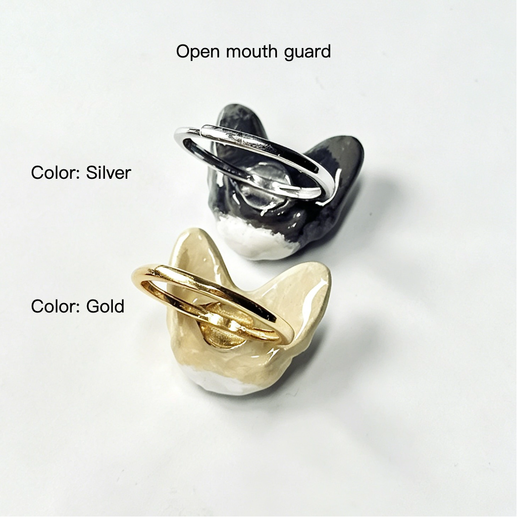 A display of the bespoke 3D pet portrait ring in luxury gold and silver finishes, highlighting the adjustable open-band comfort design for a perfect custom fit.