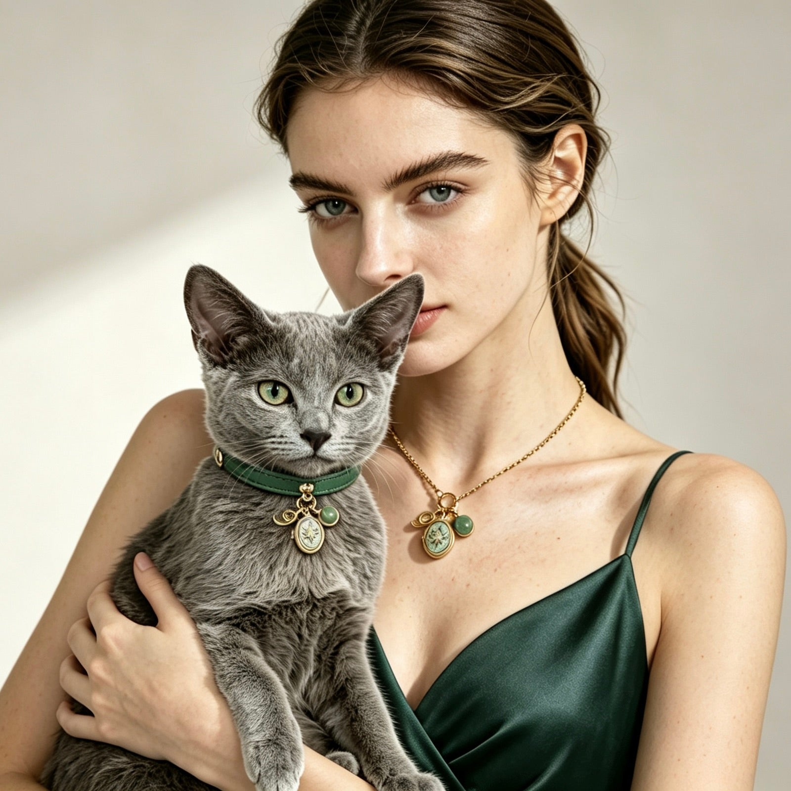 A woman holding a grey cat, both wearing custom shared human-pet jewelry. The matching set features a gold owner necklace and a green cat collar, each adorned with an oval photo locket and a green birthstone charm.