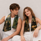 Couple wearing matching custom pet photo towels featuring two fantasy cat portraits