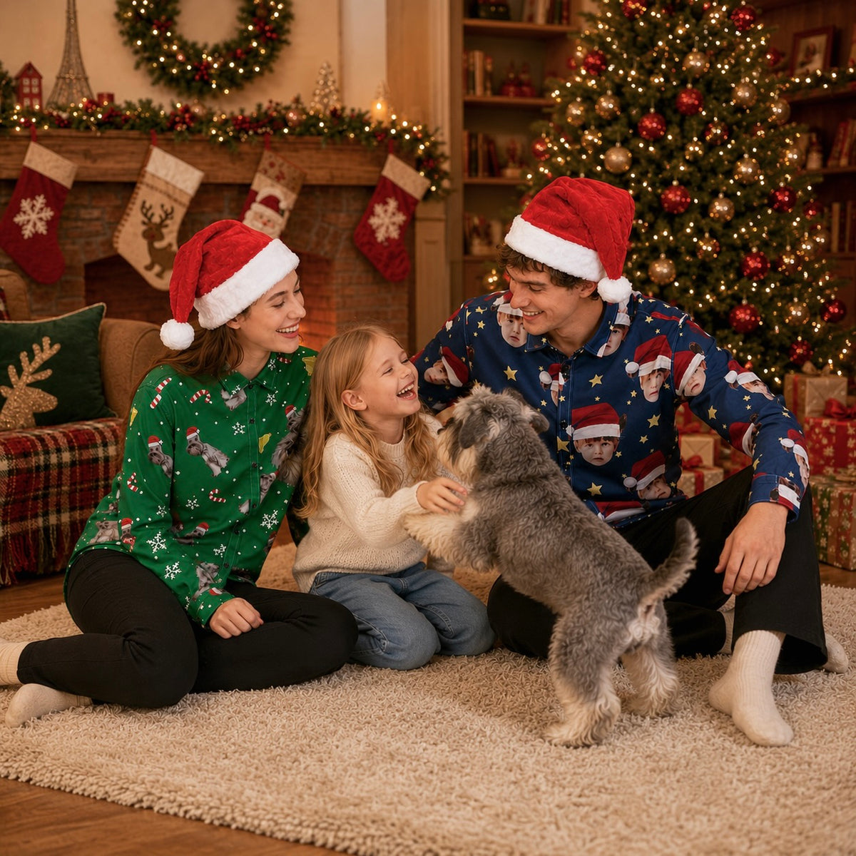 Coordinating custom Christmas photo shirts worn by a couple beside their child and dog