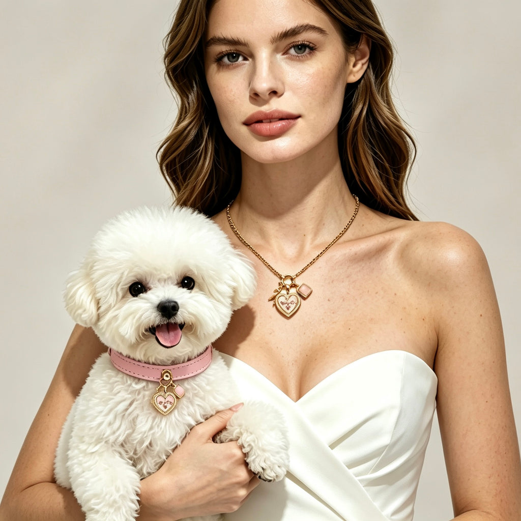 A woman and her Shiba Inu dog wearing matching custom shared human-pet jewelry. The set includes a gold necklace for the owner and a brown collar for the dog, both featuring a gold heart-shaped photo locket and a custom birthstone charm.