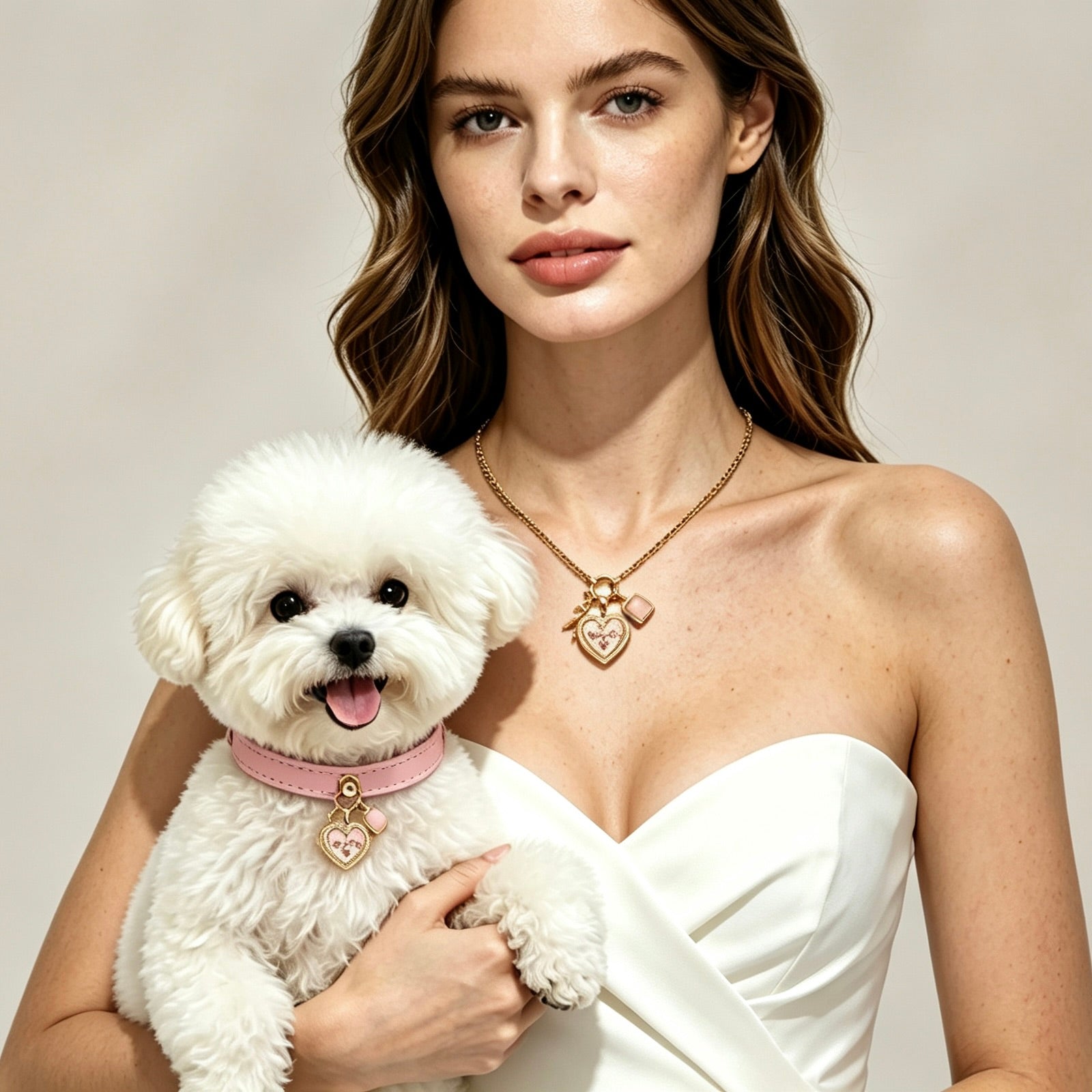 A woman and her Shiba Inu dog wearing matching custom shared human-pet jewelry. The set includes a gold necklace for the owner and a brown collar for the dog, both featuring a gold heart-shaped photo locket and a custom birthstone charm.