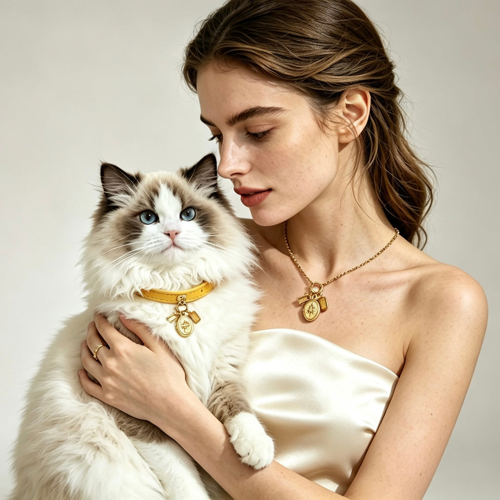 A woman holding a fluffy Ragdoll cat, both wearing a matching set of custom shared human-pet jewelry. The owner wears a gold necklace and the cat wears a yellow collar, each featuring an interchangeable photo locket and custom birthstone charm.