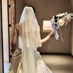 Back view of custom pet wedding veil with lace trim