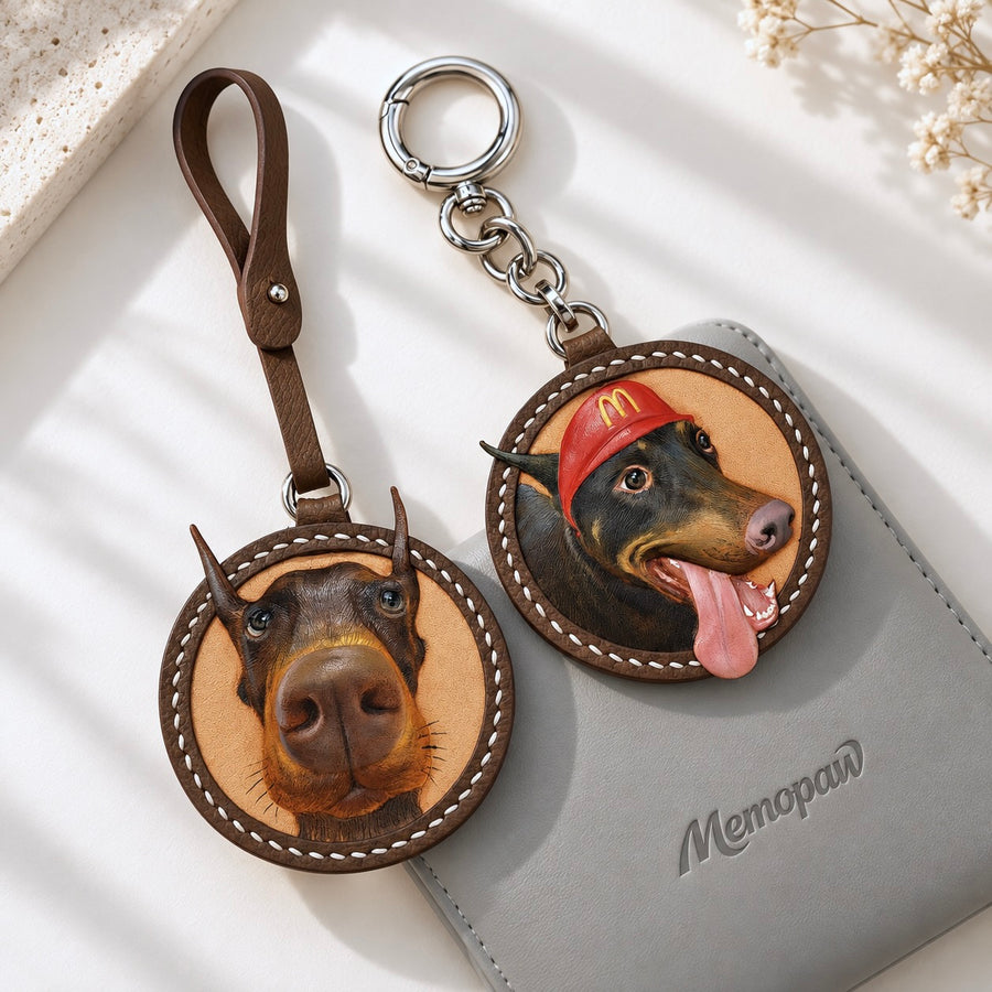 Two custom 3D hand-carved leather Doberman pet portrait keychains displayed on a grey Memopaw leather pouch, including one featuring a Doberman wearing a red cap.