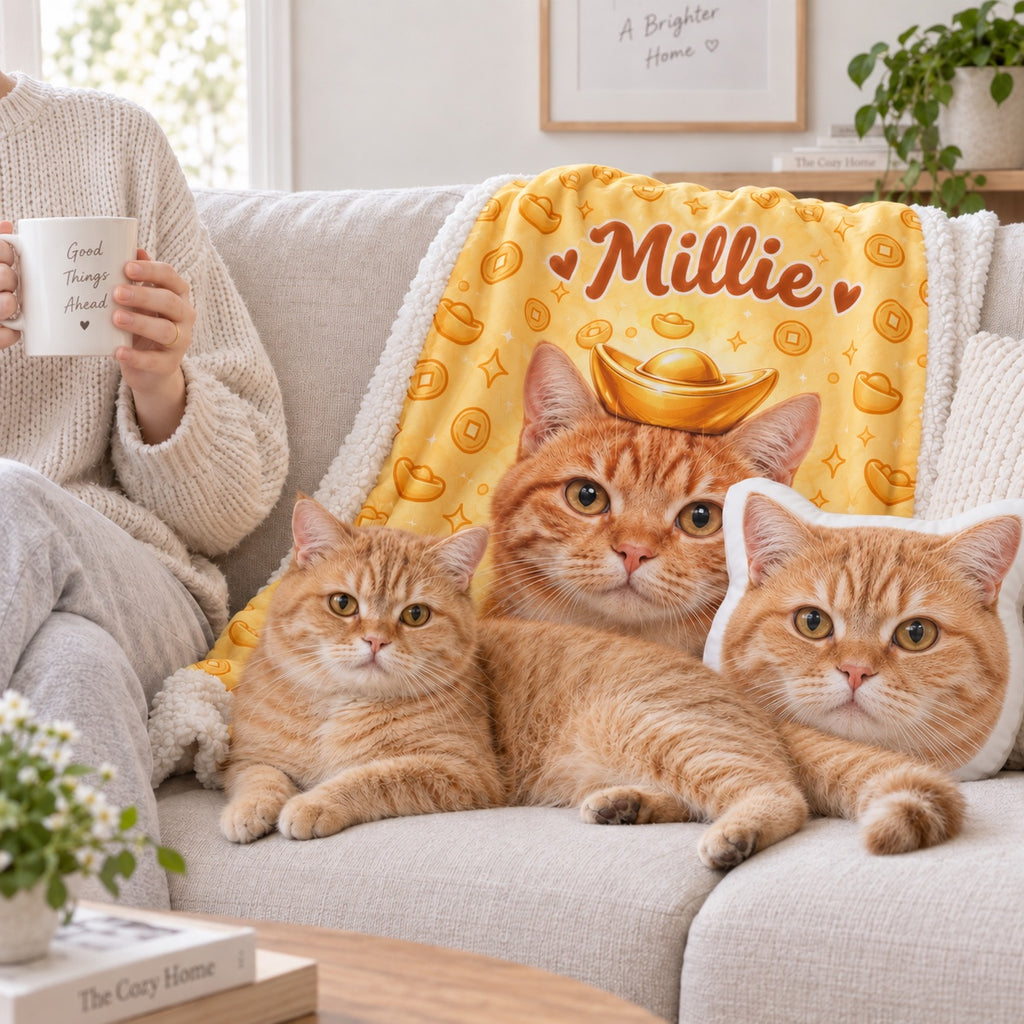 Yellow Millie cat portrait sherpa blanket on a sofa beside a person, two orange cats and a cat-shaped cushion