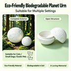 Small and large moon-textured pet memorial urns with an open two-piece sphere showing the interior