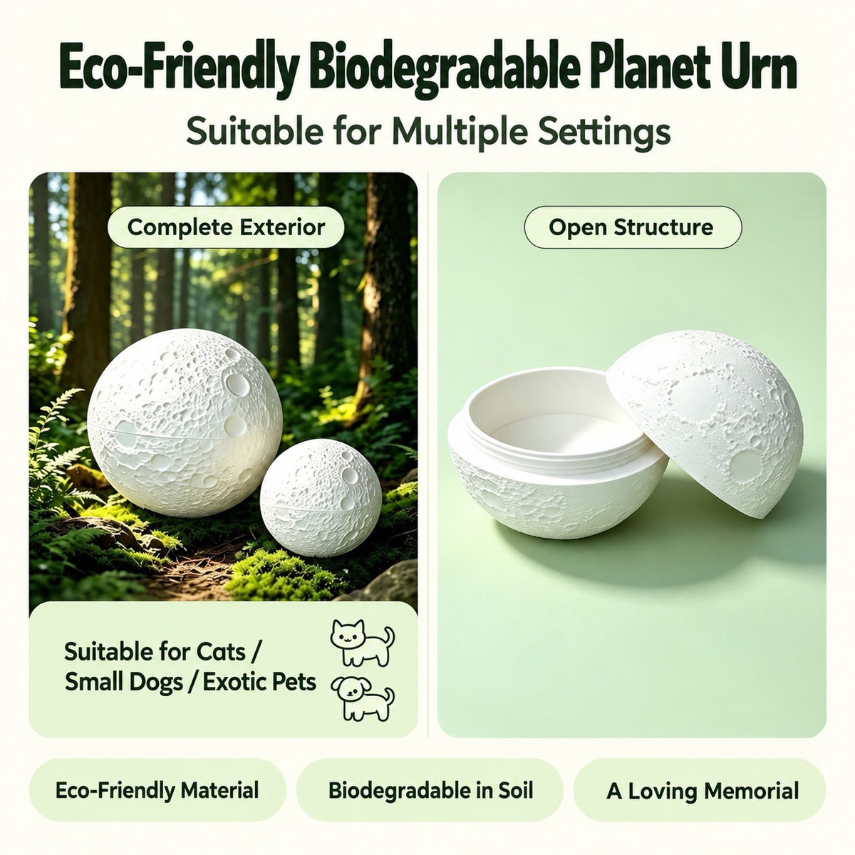 Small and large moon-textured pet memorial urns with an open two-piece sphere showing the interior