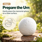 Step-one illustration showing how to open the two-piece moon-shaped pet memorial urn on a clean surface