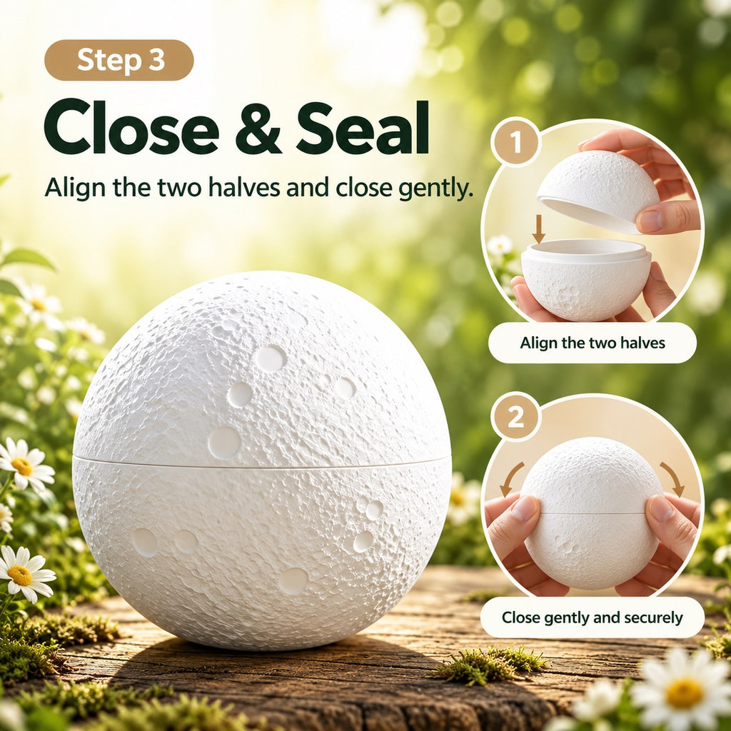 Instructions showing how to align and gently close the two halves of the moon-shaped pet memorial urn