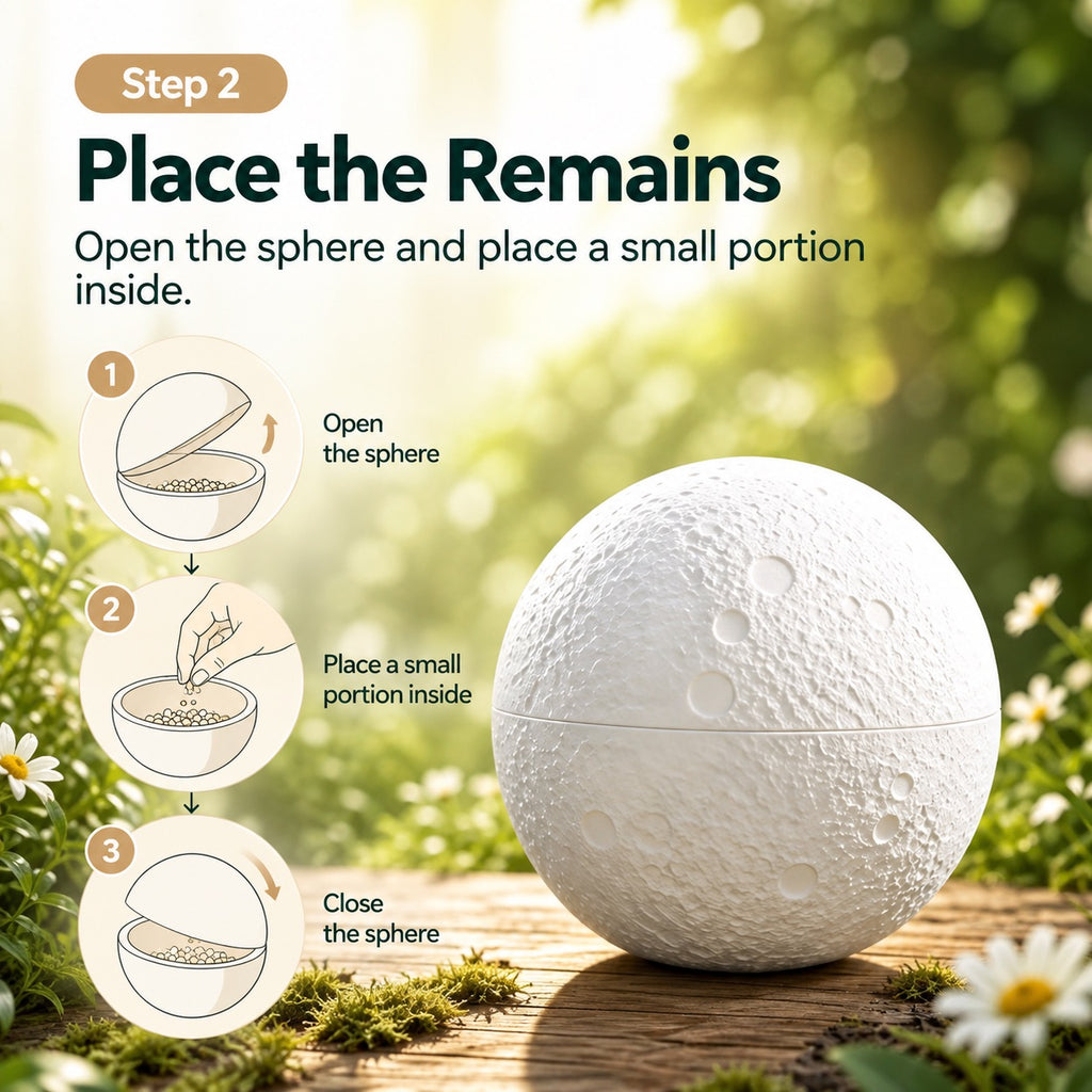 Instructions showing the moon pet urn opened for placing a small portion of cremated remains inside