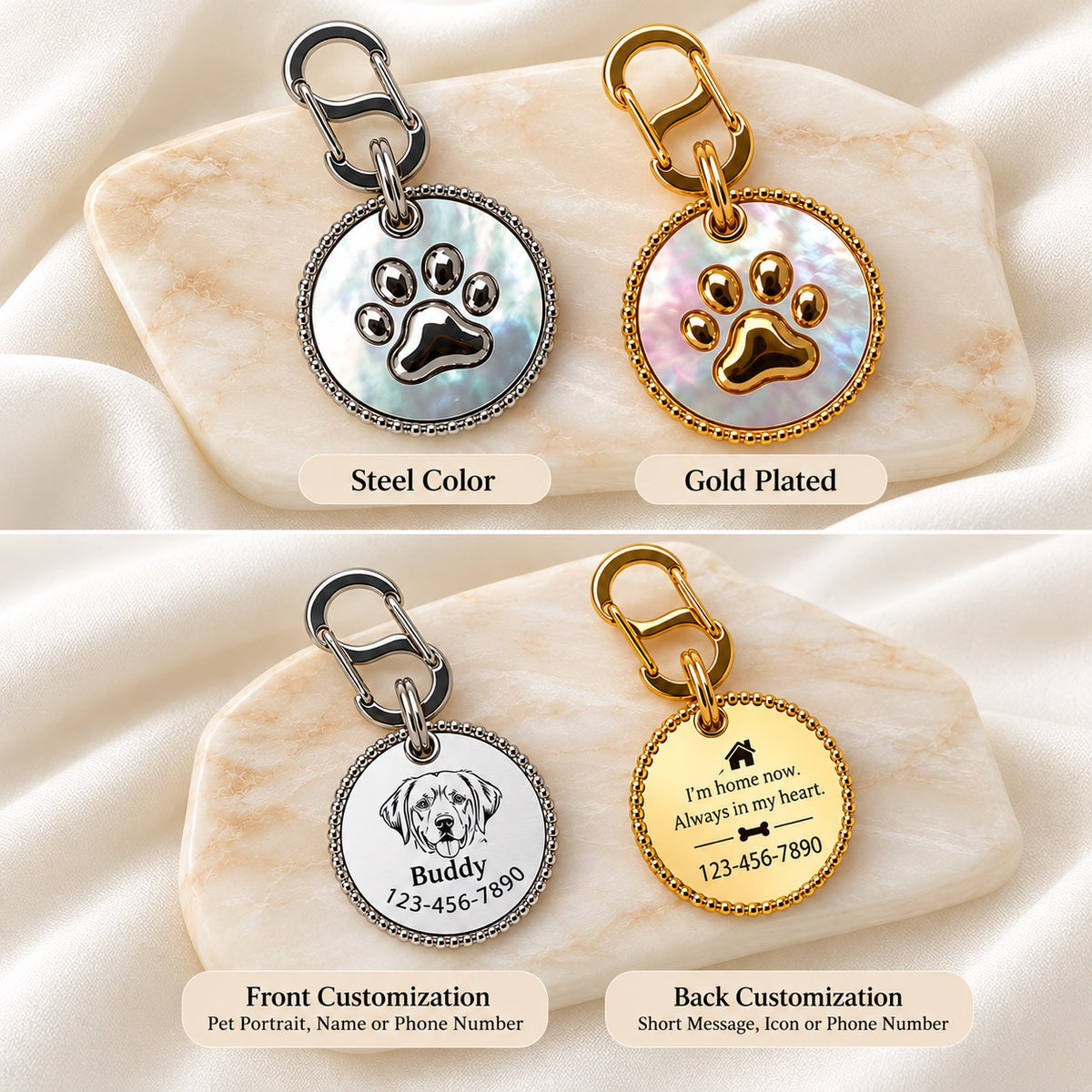 Gold and silver dog tags showing paw-print fronts and personalized layouts with names, phone numbers and messages