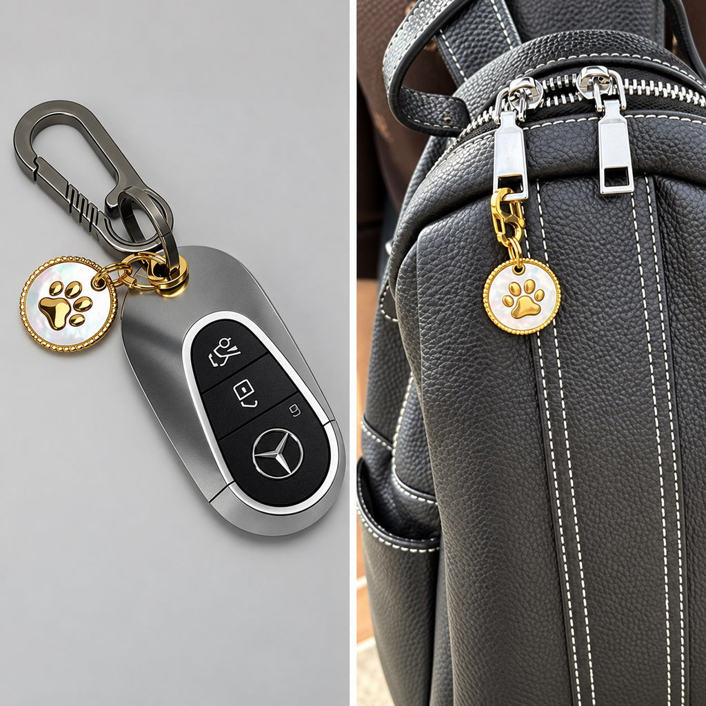 Gold mother-of-pearl paw tag attached to a car key and a black backpack