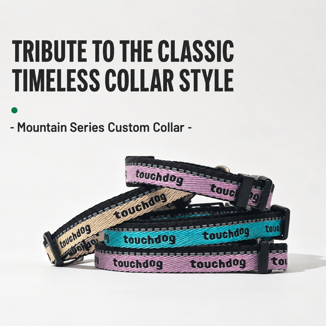 A stack of four colorful striped personalized dog collars from the Mountain Series showing classic timeless style.