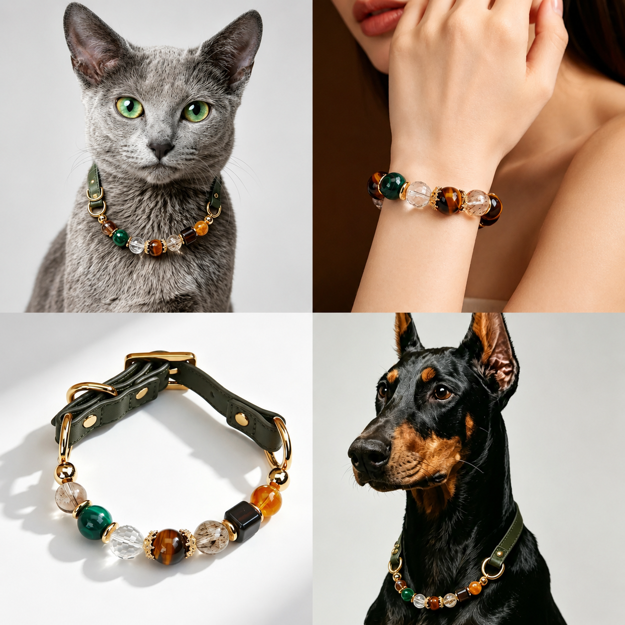 Dark green crystal pet collar with natural gemstone beads matching owner bracelet
