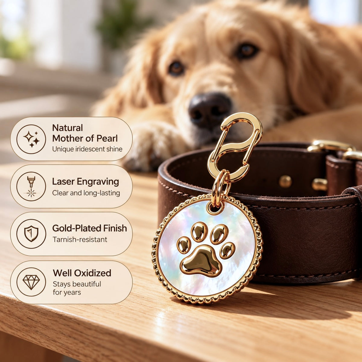 Gold paw-print dog tag with natural mother-of-pearl and laser engraving feature labels