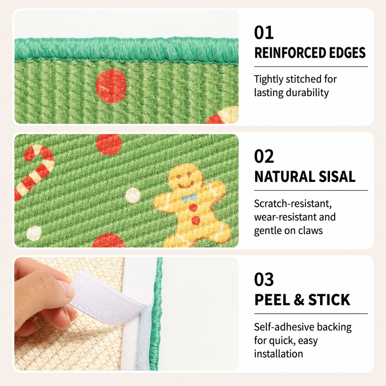 An infographic detailing the product features of a holiday wall-mounted cat scratcher, highlighting its reinforced tightly stitched edges, a scratch-resistant natural sisal surface, and a peel and stick self-adhesive backing.