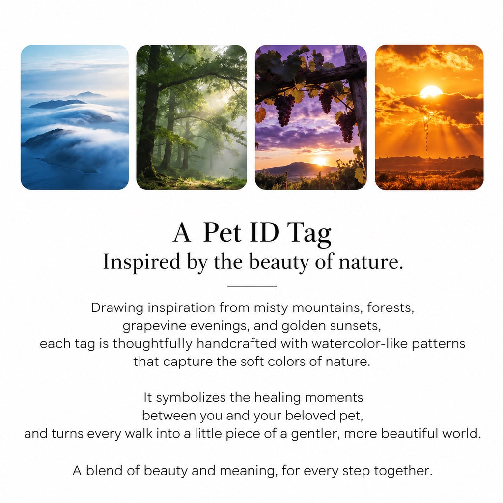 Brand story graphic describing nature-inspired colors for the double-layer resin pet ID tag