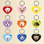 Personalized heart-shaped dog tags displayed in nine colors with different custom portraits