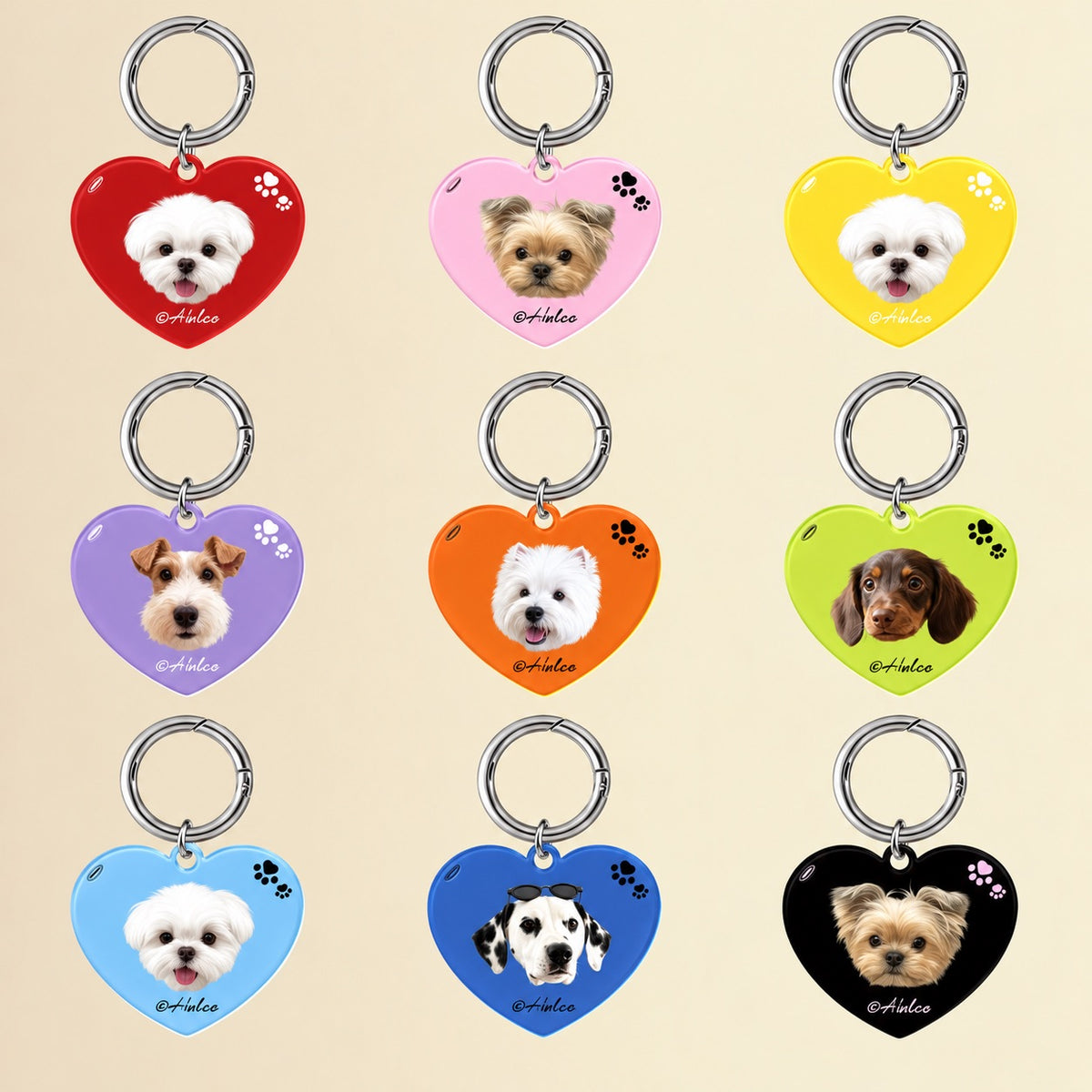 Personalized heart-shaped dog tags displayed in nine colors with different custom portraits