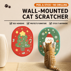 An infographic banner for a no-drilling wall-mounted cat scratcher, showcasing a peel and stick, self-adhesive red Christmas tree and green snowman cat scratching pad designed to stick anywhere.