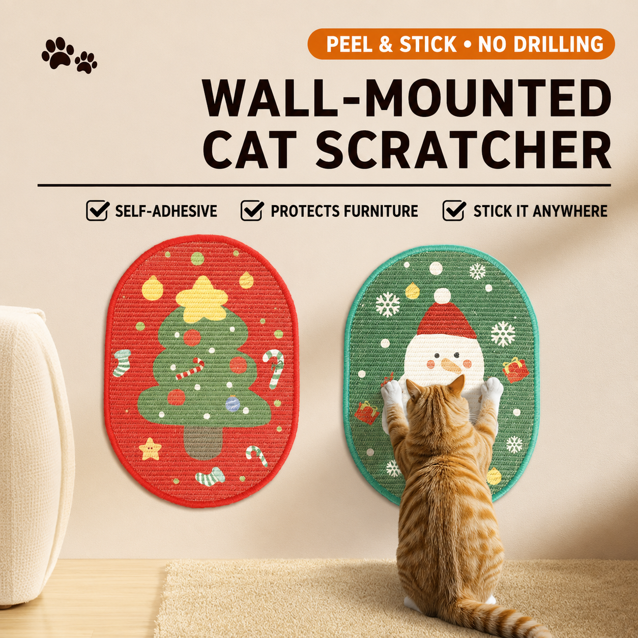 An infographic banner for a no-drilling wall-mounted cat scratcher, showcasing a peel and stick, self-adhesive red Christmas tree and green snowman cat scratching pad designed to stick anywhere.