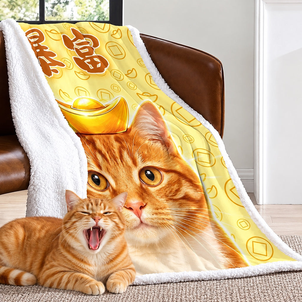 Yellow orange-cat portrait sherpa blanket draped over a chair with an orange cat in front