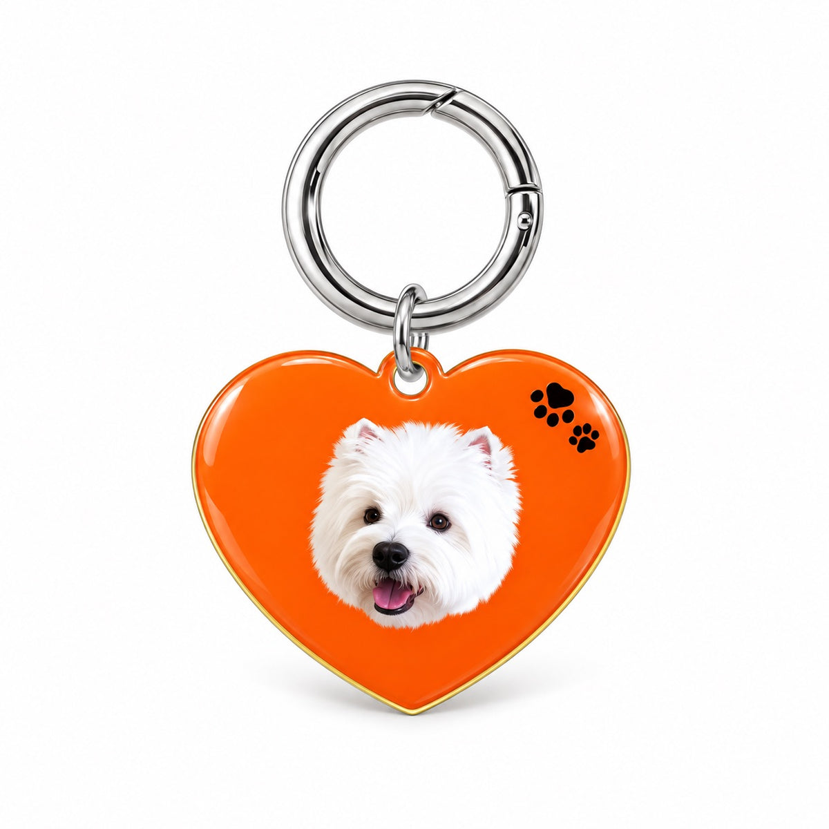 Orange heart-shaped acrylic dog tag with a custom West Highland Terrier portrait