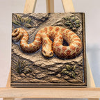 Orange patterned snake relief artwork with textured rocks and leaves, displayed unframed on an easel