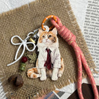 Close-up of a personalized 3D pet memorial keychain showcasing a hand-painted cat face charm.