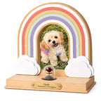Wooden Rainbow Bridge pet memorial photo frame featuring a dog portrait, cloud accents, engraved plaque reading Charlie, and miniature rose fur keepsake dome.