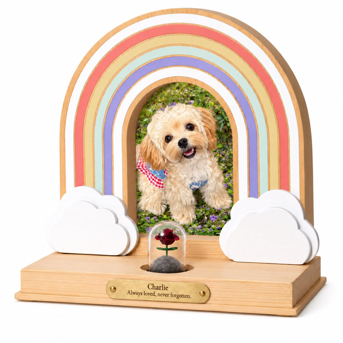 Wooden Rainbow Bridge pet memorial photo frame featuring a dog portrait, cloud accents, engraved plaque reading Charlie, and miniature rose fur keepsake dome.