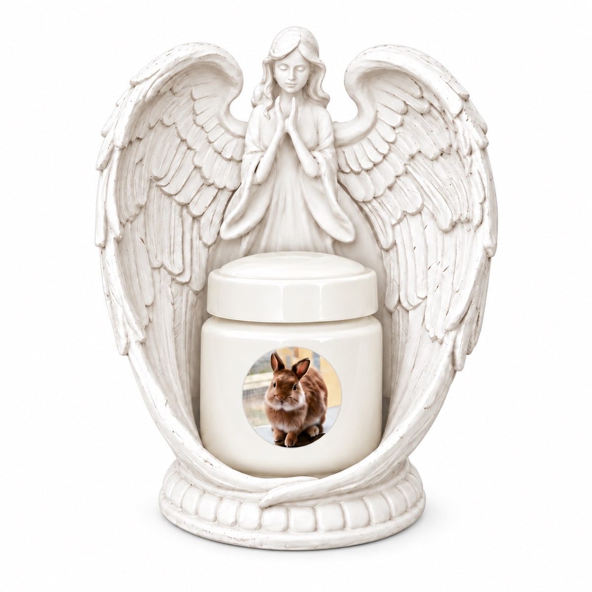 Personalized angel pet memorial urn with a custom rabbit photo on the white ceramic jar