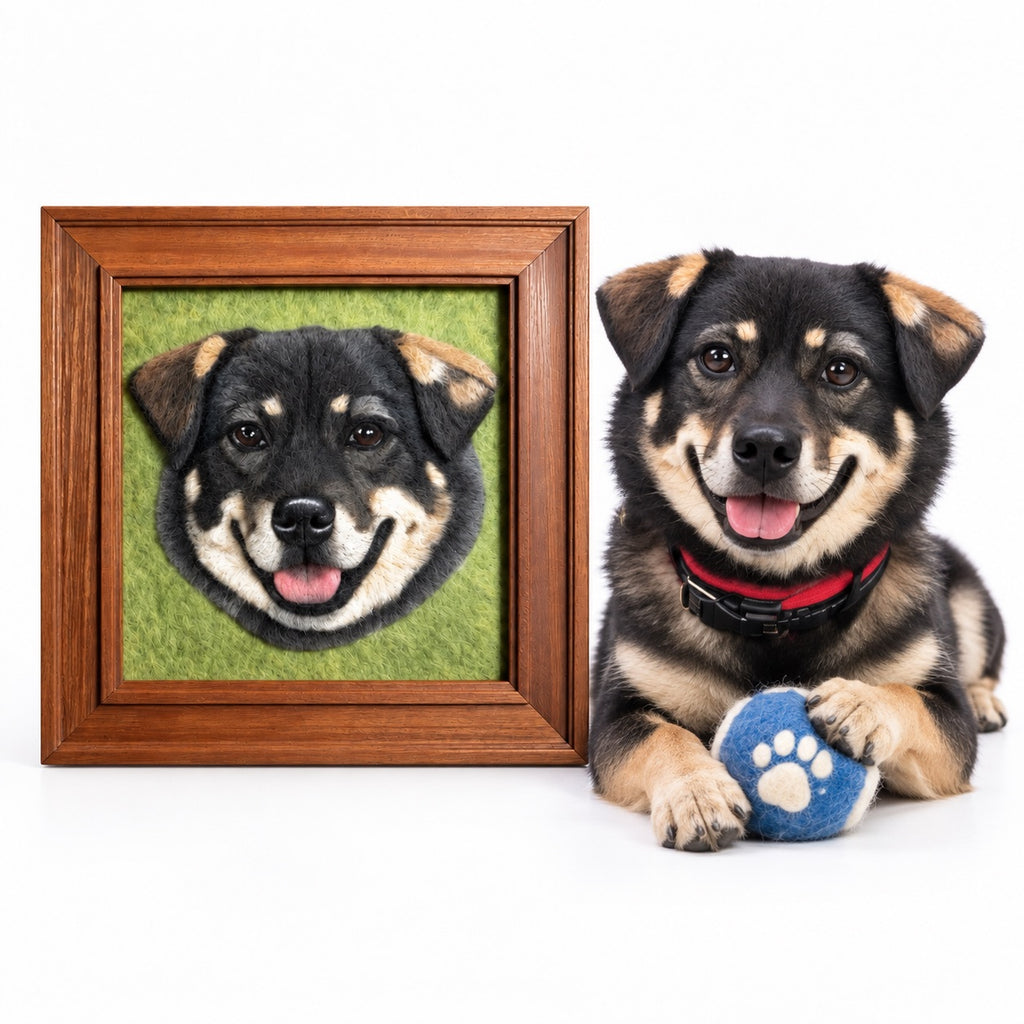 Personalized framed 3D wool felt dog portrait sculpture next to real pet comparison.