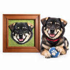 Personalized framed 3D wool felt dog portrait sculpture next to real pet comparison.