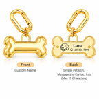 Front and back personalization guide for a bone pet ID tag with name, icon and phone number