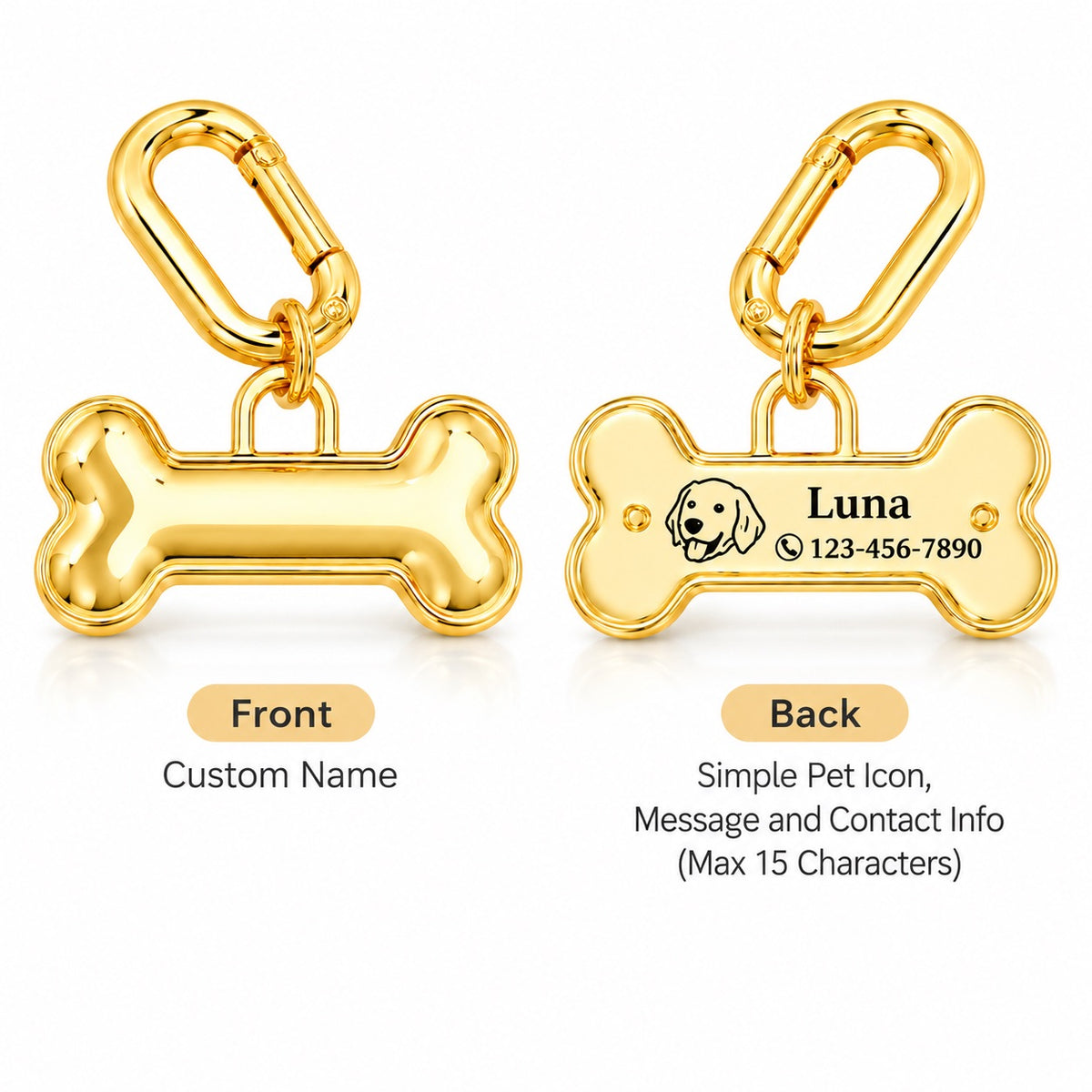 Front and back personalization guide for a bone pet ID tag with name, icon and phone number