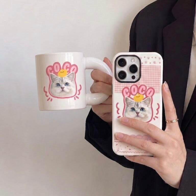 Personalized phone accessories for cat lovers, showcasing a custom pet portrait phone case and pin badge with a personalized cat design.