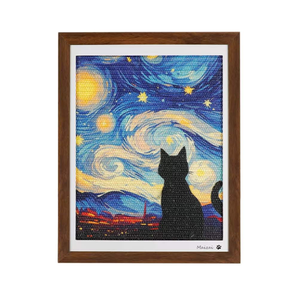 Framed personalized wall-mounted cat scratcher art featuring a Van Gogh Starry Night inspired design with a black cat.