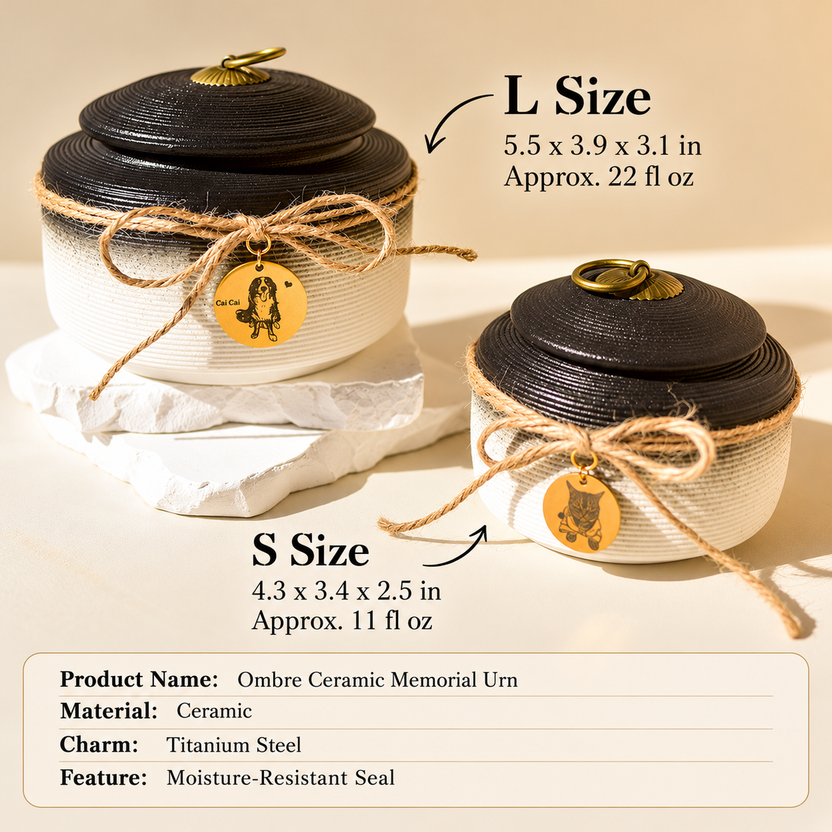 Size and capacity chart for small 11 fl oz and large 22 fl oz ceramic pet memorial urns