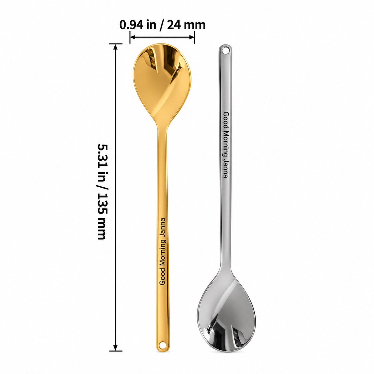 Size guide for a personalized Christmas spoon measuring 5.31 inches long with a 0.94-inch-wide bowl