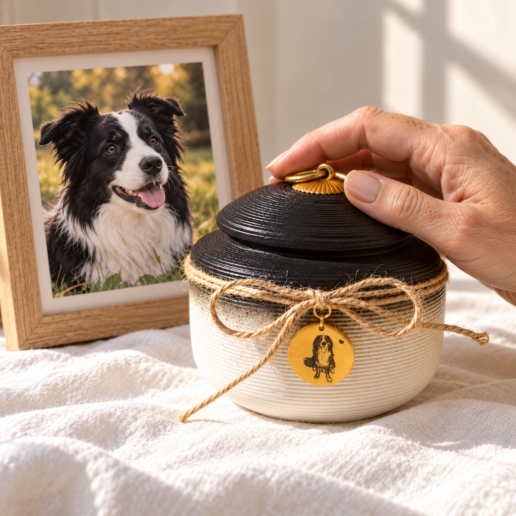 Personalized ceramic dog ashes urn with custom photo tag displayed beside a framed pet portrait