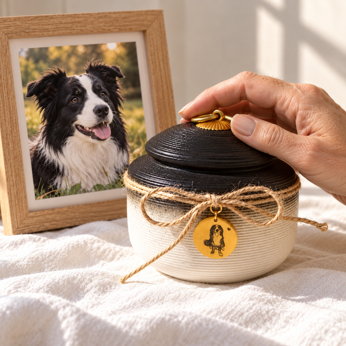 Personalized ceramic dog ashes urn with custom photo tag displayed beside a framed pet portrait