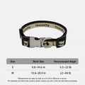 Dog collar size guide chart showing neck measurements and recommended weights for small to medium dogs.