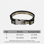 Dog collar size guide chart showing neck measurements and recommended weights for small to medium dogs.