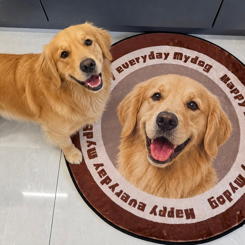 A happy Golden Retriever dog standing next to its own custom shaped pet portrait rug, showcasing a personalized hand-drawn silk velvet dog carpet.