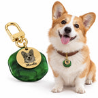 Personalized green double-layer dog tag with an engraved Corgi portrait and name beside a Corgi wearing the tag
