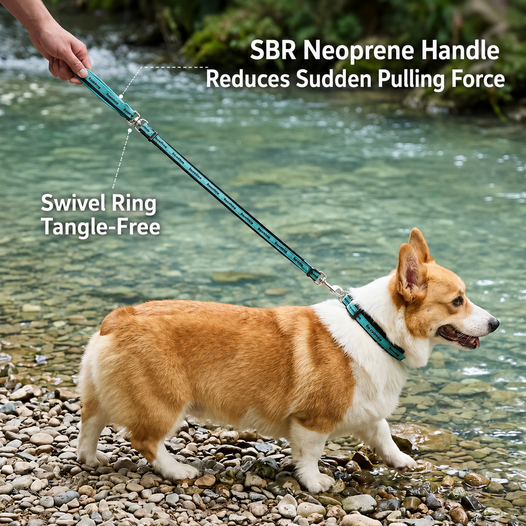 A Welsh Corgi wearing a personalized engraved dog collar with a matching tangle-free padded leash.