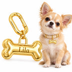 Personalized gold bone pet ID tag with the name Lila beside a Chihuahua wearing the tag