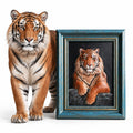Custom 3D leather tiger portrait relief sculpture in a blue wooden frame with gold trim, displayed next to the real tiger.